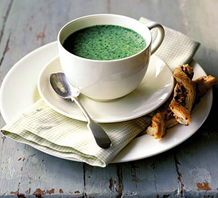 Watercress soup with blue cheese & cashew pastries