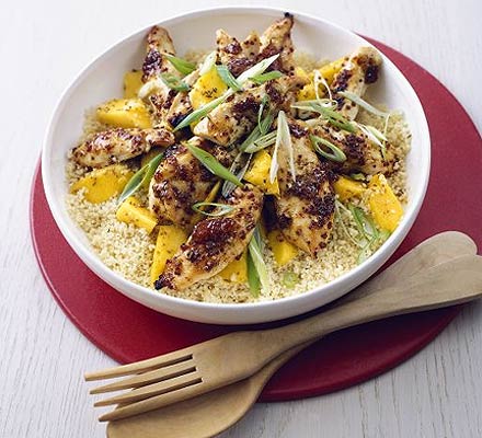 Sticky chicken with mango couscous