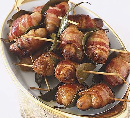 Apricot, bacon & sausage skewers