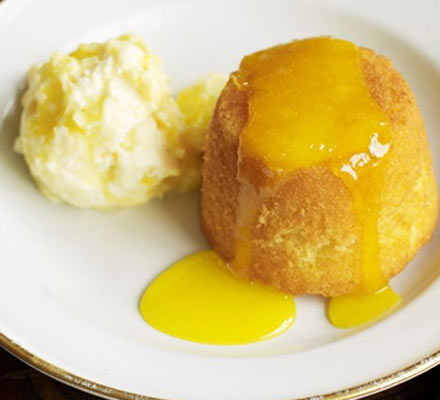 Tangy lemon pudding with lemon meringue ice cream