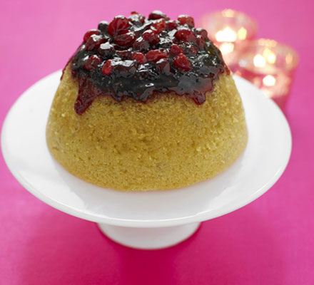 Cranberry-crowned pud with white chocolate custard