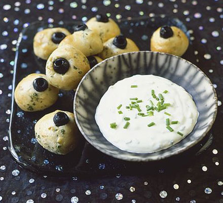 Garlic eyeballs with creamy chive dip