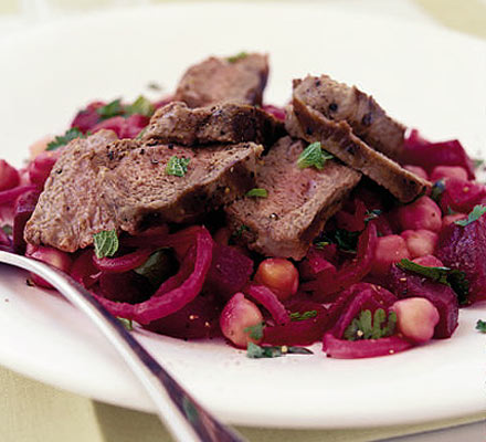 Sizzled lamb steaks with warm beetroot salad