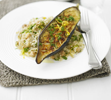 Roasted aubergine with bulgur & zesty dressing