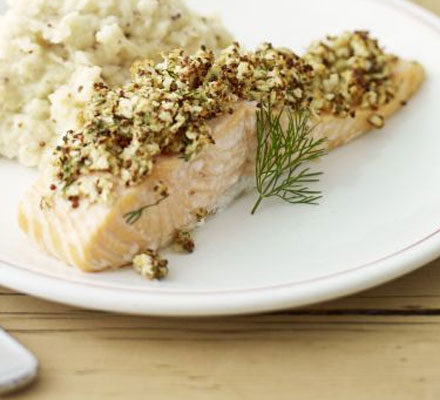 Mustard-crusted salmon with celeriac mash