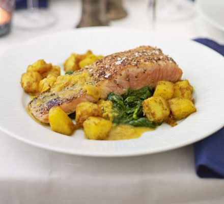Spice-crusted salmon with sautéed potatoes & spinach