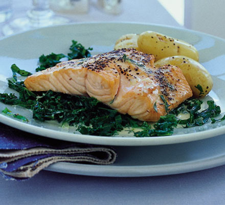 Grilled salmon with curly kale & a Noilly Prat sauce