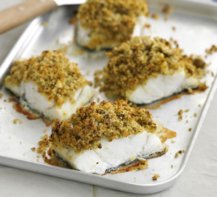 Pesto & olive-crusted fish