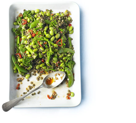 Puy lentil salad with soy beans, sugar snap peas & broccoli
