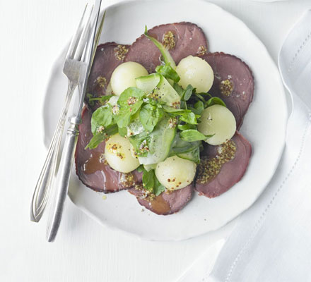 Smoked venison with melon salad