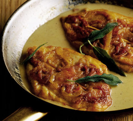 Prosciutto skewered chicken with fried sage leaves