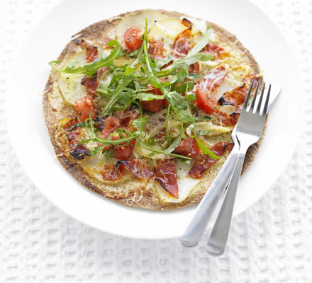 Potato & chorizo pizza breads with peppery tomato salad