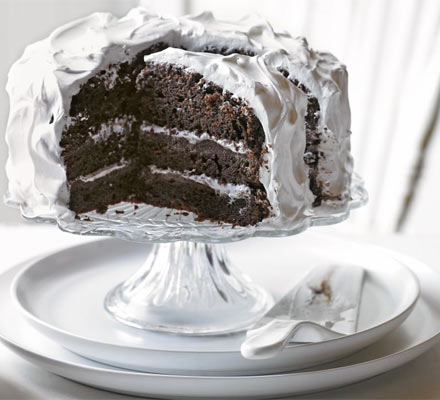 Chocolate fudge cake with angel frosting