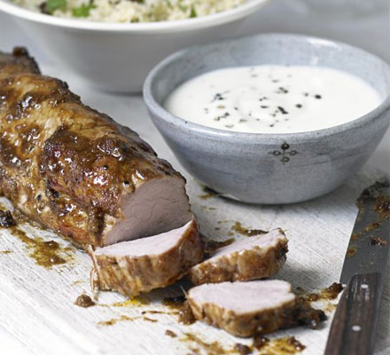 Roast pork with couscous & ginger yogurt