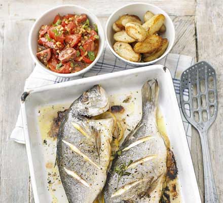 Roast whole fish with salsa romesco