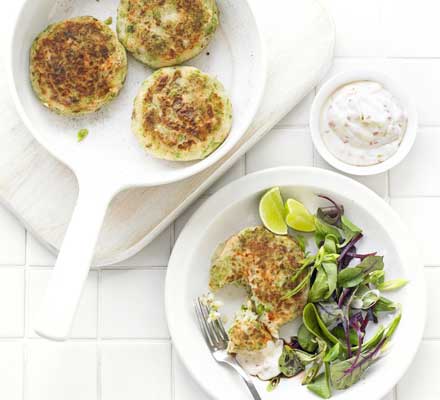 Crushed pea fish cakes with chilli-lime mayo