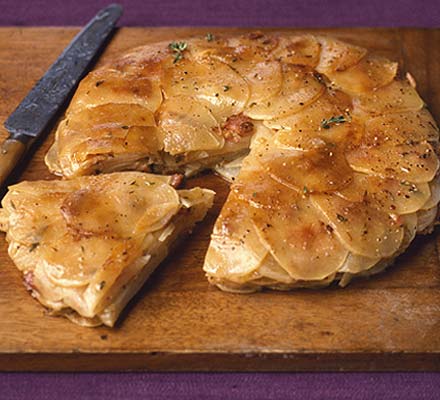 Sliced turnip & bacon bake