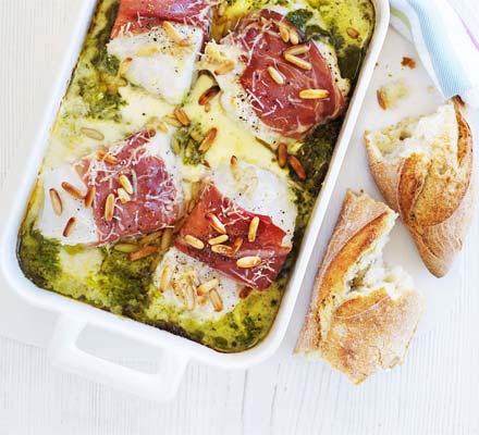 Prosciutto & pesto fish gratin