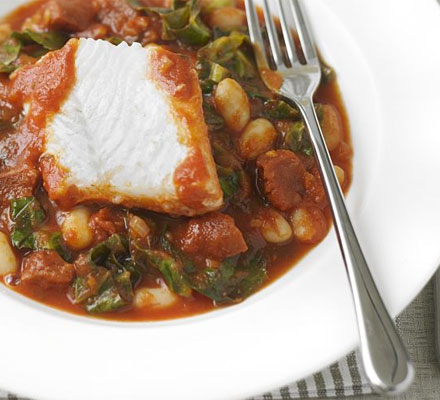 White fish with spicy beans and chorizo