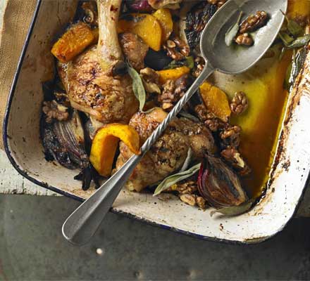 One-pan baked chicken with squash, sage & walnuts
