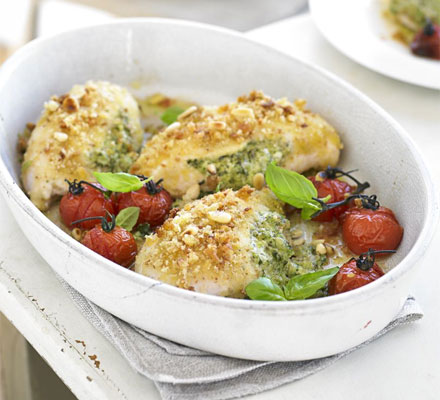 Creamy pesto chicken with roasted tomatoes