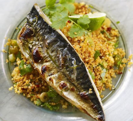 Grilled mackerel with harissa & coriander couscous