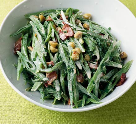 Runner beans with bacon & hazelnuts