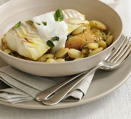 Braised cod with butter beans & mint
