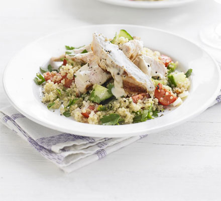 Chargrilled turkey with quinoa tabbouleh & tahini dressing
