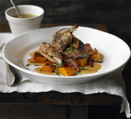 Honey & black pepper partridge with roasted squash