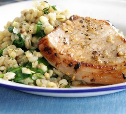 Grilled pork with lemon & thyme barley