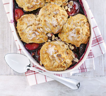 Plum, orange & almond cobbler