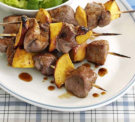 Pork & peach kebabs with Little Gem salad