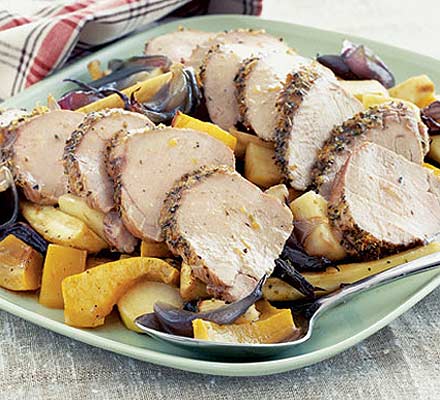 Herbed pork fillet with roast vegetables