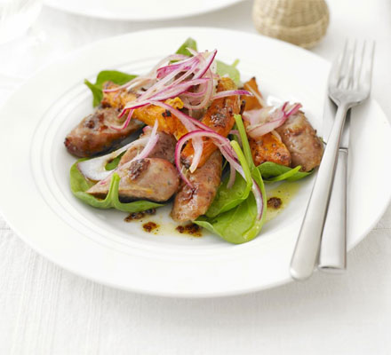 Sticky sausage & sweet potato salad