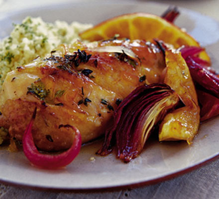 Citrus-spiked chicken with roasted red onions