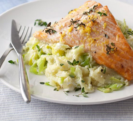 Salmon with leeks & parsnip mash