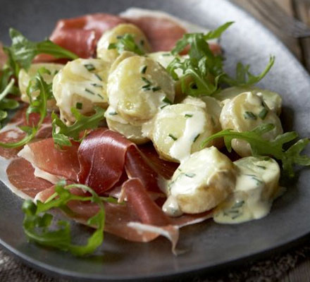 Warm new potatoes with cured ham & chives