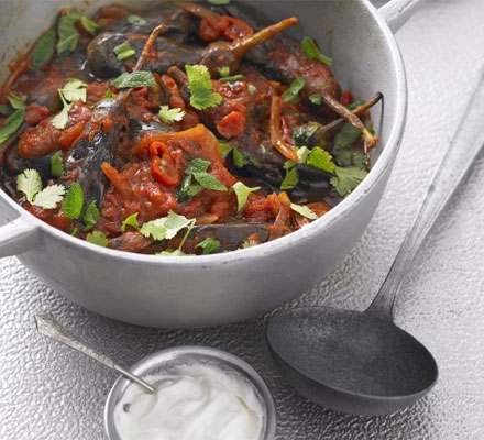 Spicy baby aubergine stew with coriander & mint