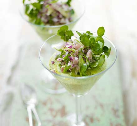 Asparagus mousse with ham & red onion salad