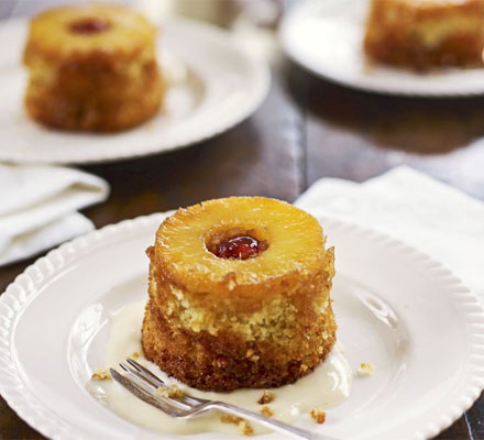 Individual coconut & pineapple upside-down cakes