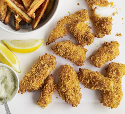 Crunchy fish goujons with skinny chips