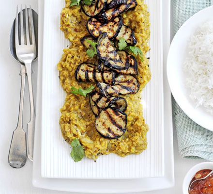 Sweet & sour lentil dhal with grilled aubergine