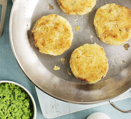 Smoked trout fish cakes with mushy peas