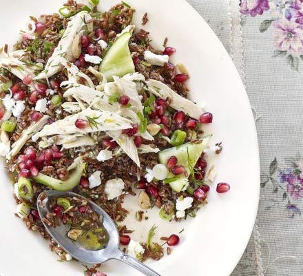 Red rice & chicken salad with pomegranate & feta