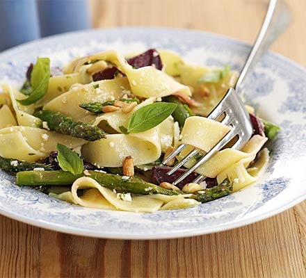 Roast veg pasta with Cheshire pesto