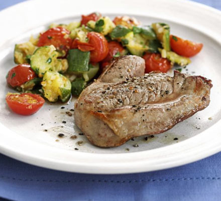 Lamb steaks with tomato & courgette crush