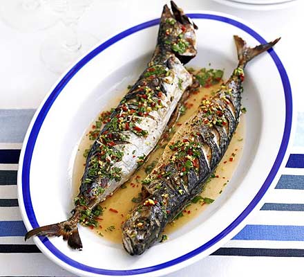 Barbecued mackerel with ginger, chilli & lime drizzle
