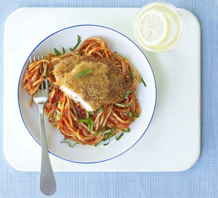 Pork Milanese with spaghetti