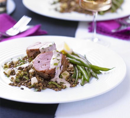 Mustard pork fillet with apple lentils & herb aioli